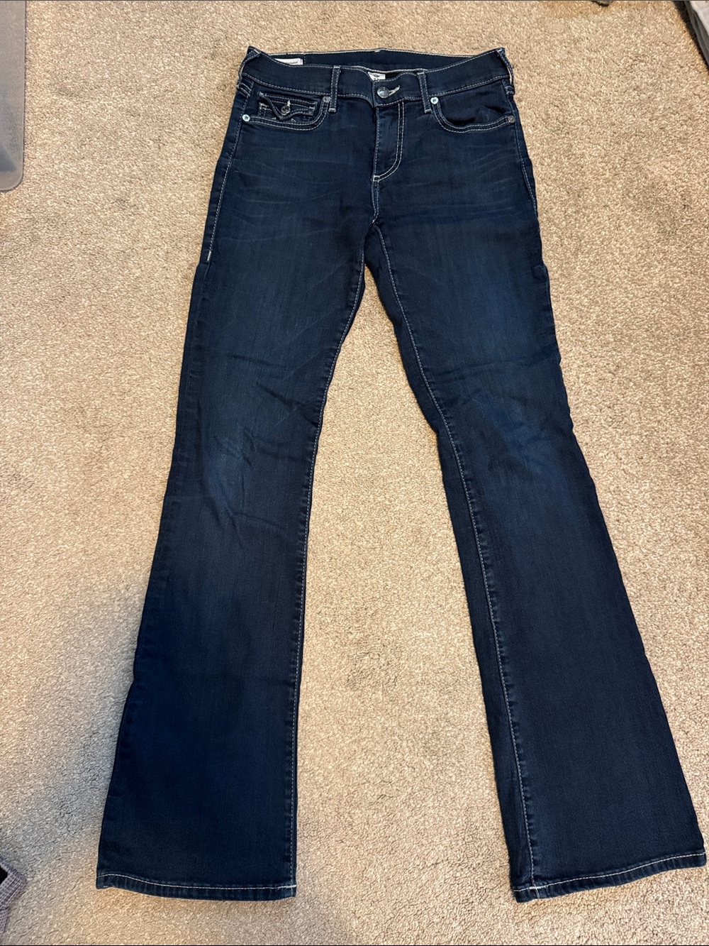 True Religion Becca Mid-Rise Bootcut Jeans in Dark Indigo with White Stitching